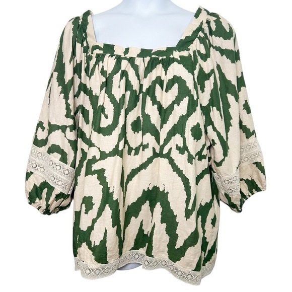 NWT rachel Zoe linen blend square neck puff sleeve green ikat top size 3X lace - Picture 2 of 7